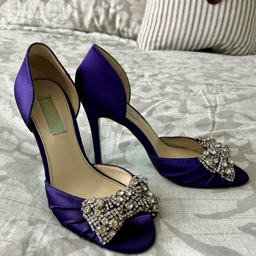 Betsey Johnson Purple Satin Heels with Rhinestone Bow